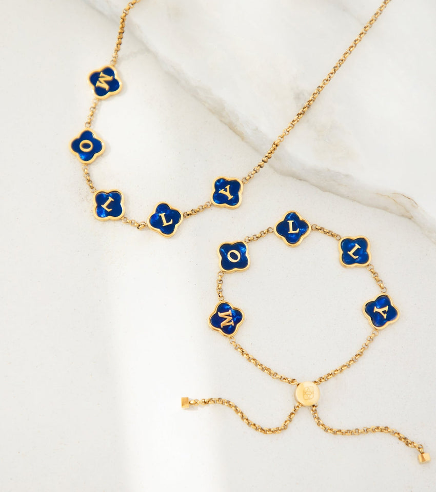 Blue Lace Agate Clover Custom Name Bracelet (Gold)