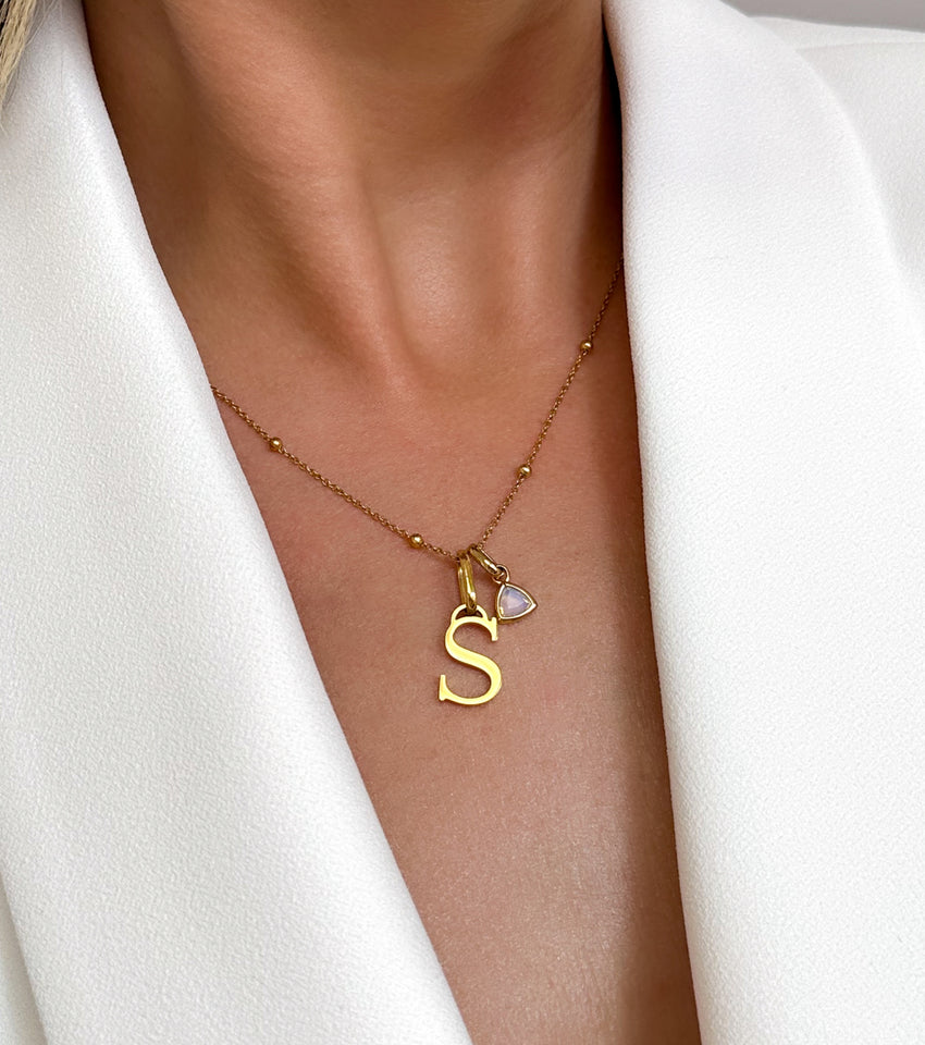 Personalised Initial & Droplet Birthstone Necklace (Gold)