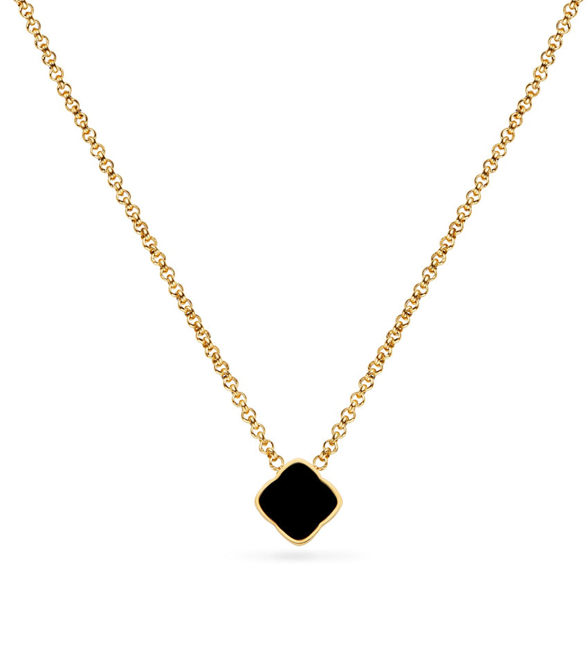 Black Enamel Clover Necklace (Gold)