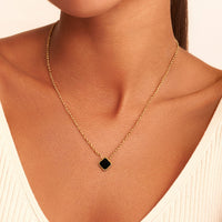 Black Enamel Clover Necklace (Gold)