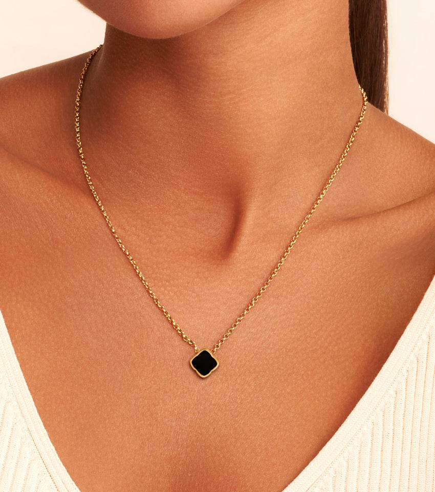 Black Enamel Clover Necklace (Gold)