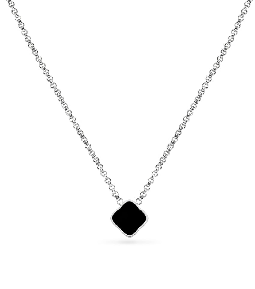 Black Enamel Clover Necklace (Silver)