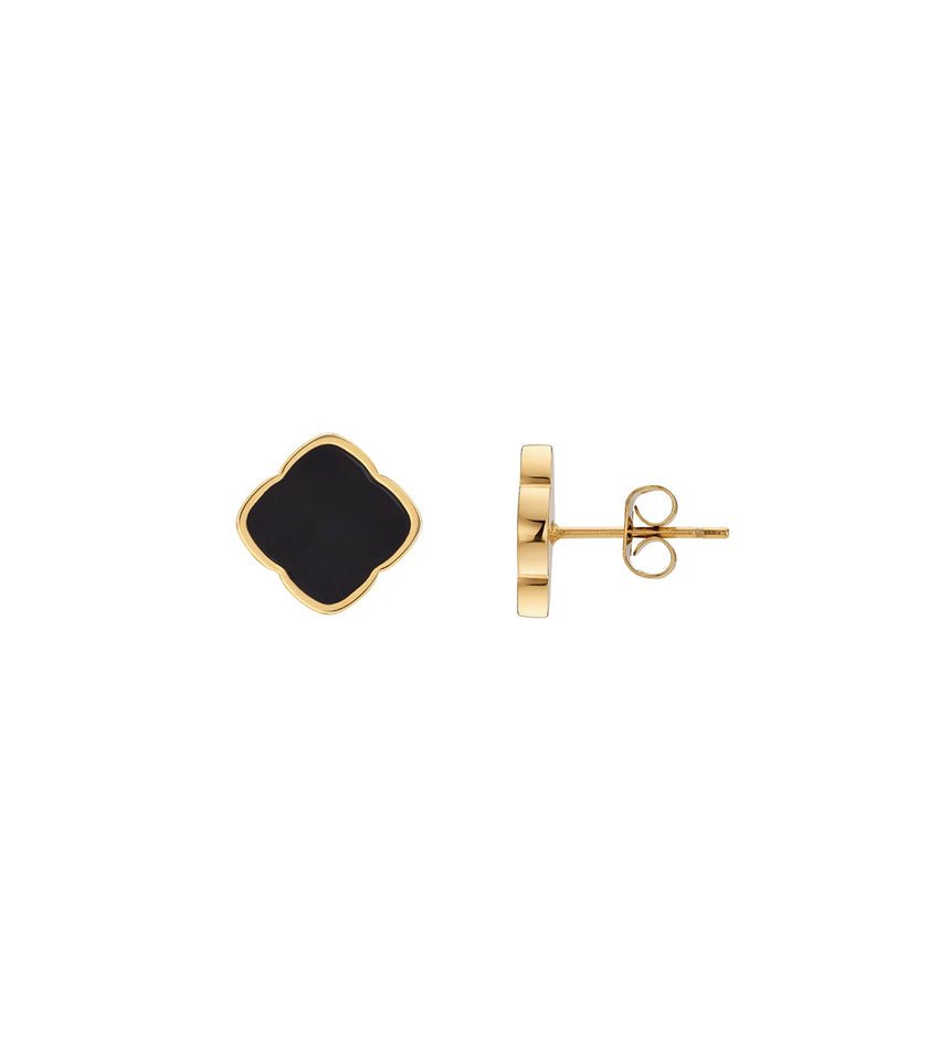 Black Enamel Clover Stud Earrings (Gold)