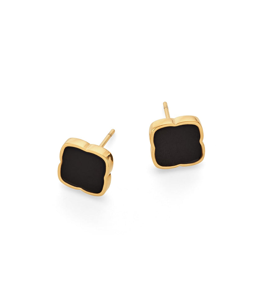 Black Enamel Clover Stud Earrings (Gold)