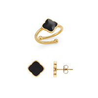 Black Enamel Clover Ring & Earrings Bundle (Gold)