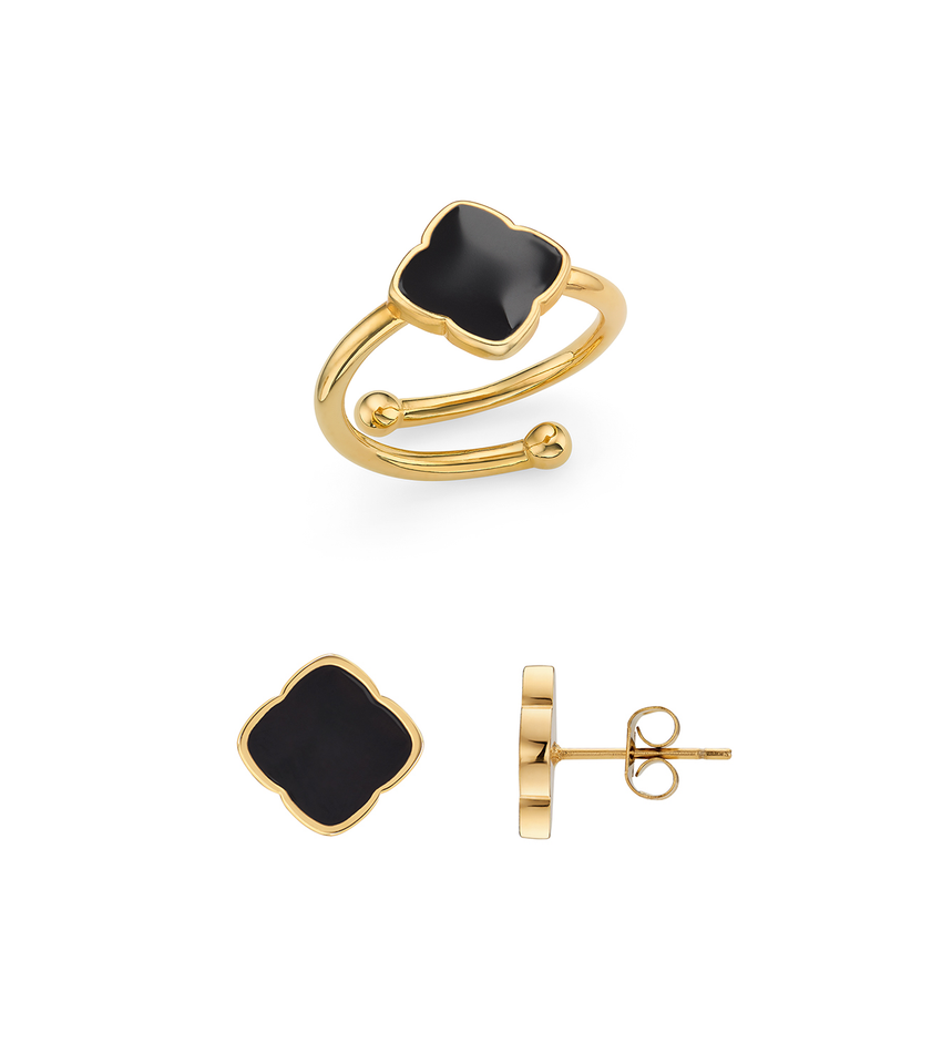 Black Enamel Clover Ring & Earrings Bundle (Gold)