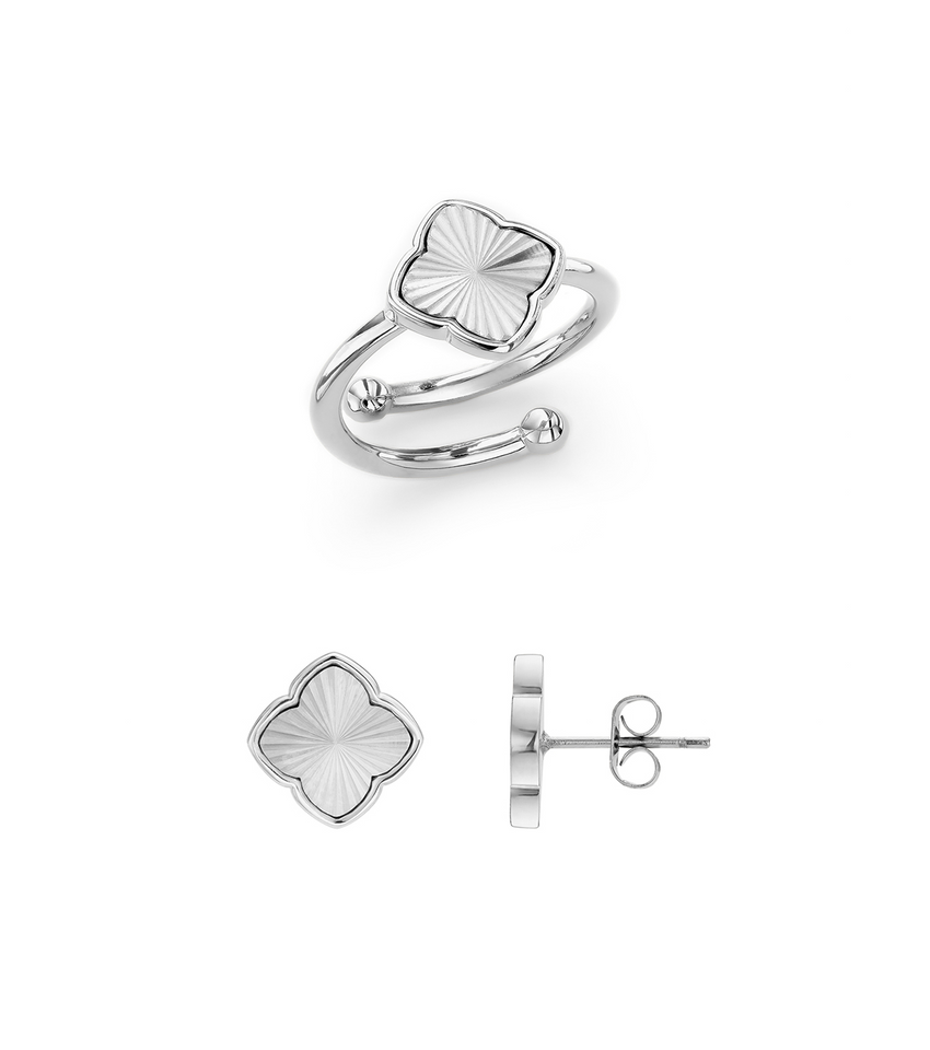 Textured Clover Ring & Earrings Bundle (Silver)