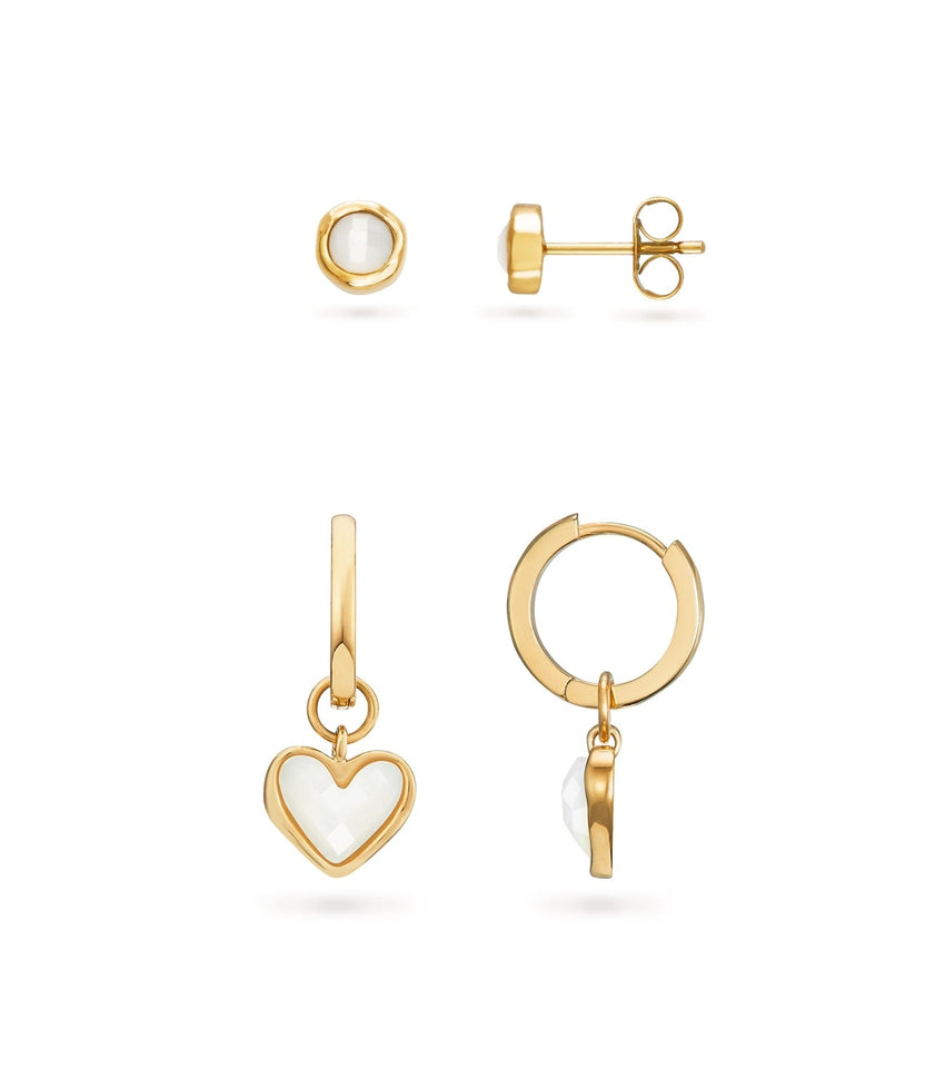 White Quartz Heart & Stud Earrings Bundle (Gold)