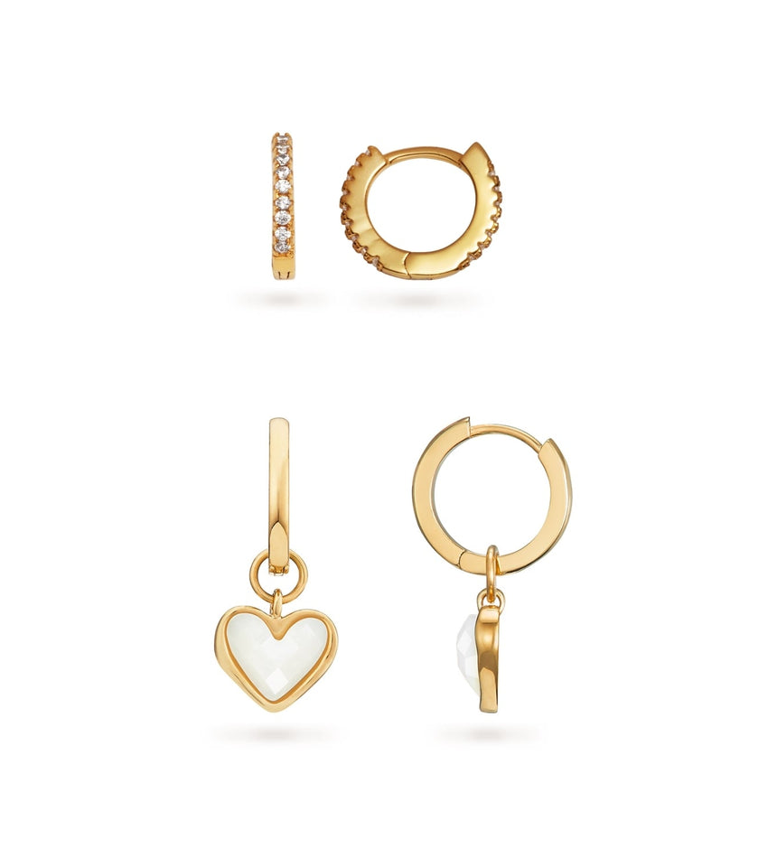 White Quartz Heart Huggie Earrings Bundle (Gold)