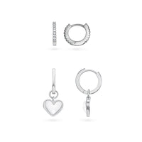 White Quartz Heart Huggie Earrings Bundle (Silver)