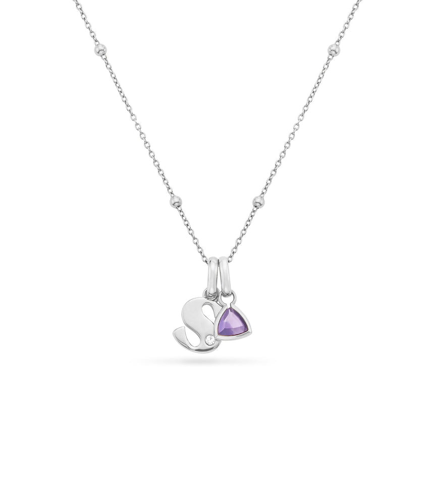 Retro Initial & Birthstone Necklace (Silver)