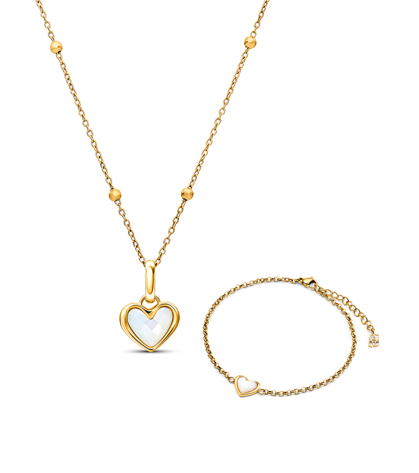 White Quartz Heart Necklace & Bracelet Bundle (Gold)