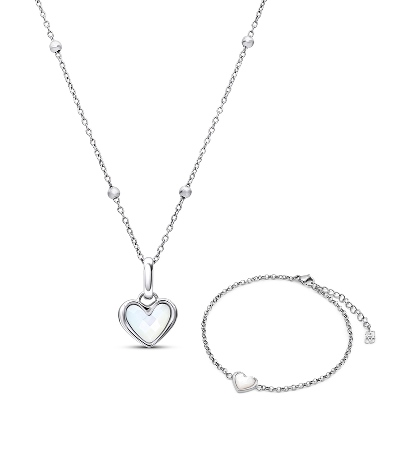 White Quartz Heart Necklace & Bracelet Bundle (Silver)