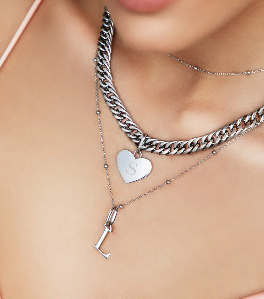 Heart Curb Chain Necklace (Silver)