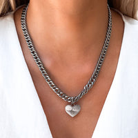 Heart Curb Chain Necklace (Silver)