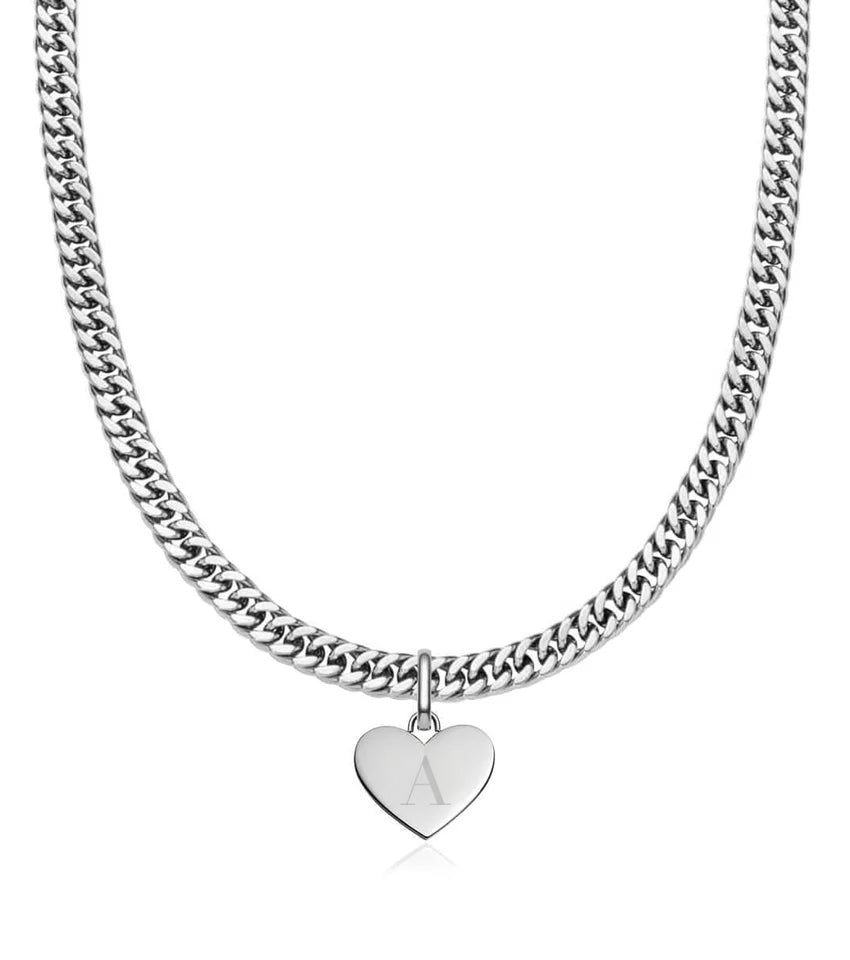 Heart Curb Chain Necklace (Silver)