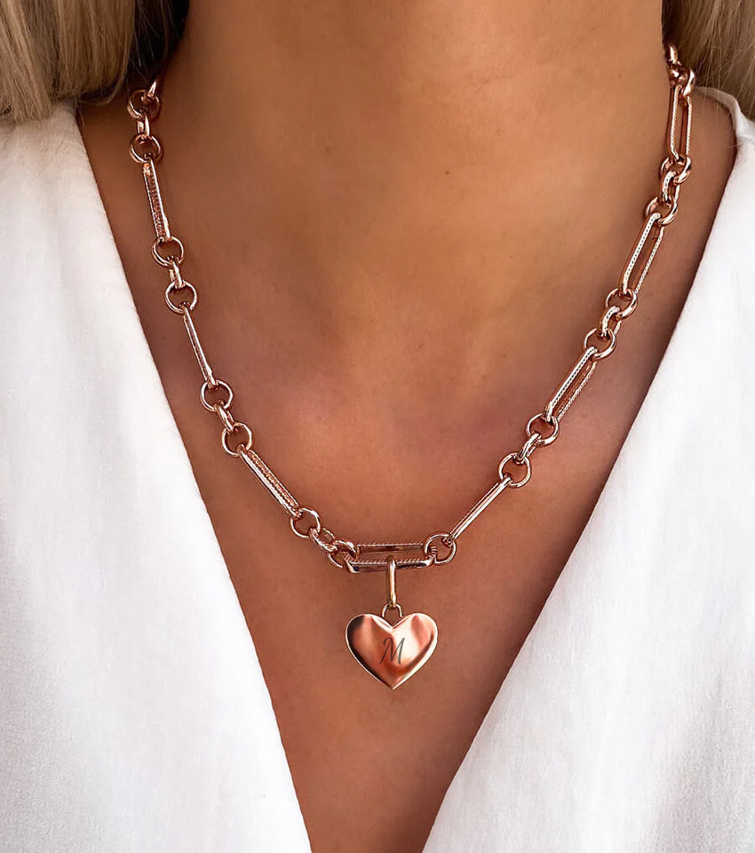 Heart Figaro Chain Necklace & Bracelet Bundle (Rose Gold)