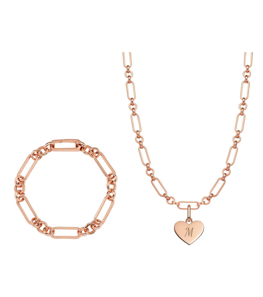 Heart Figaro Chain Necklace & Bracelet Bundle (Rose Gold)