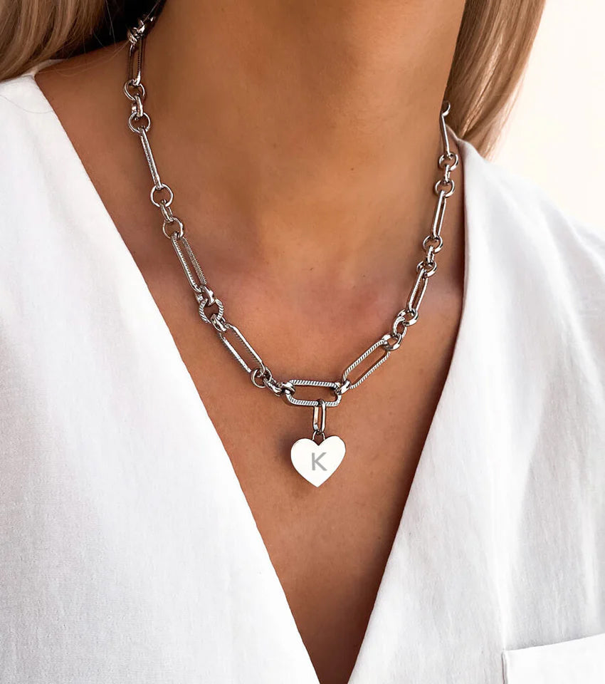 Heart Figaro Chain Necklace & Bracelet Bundle (Silver)