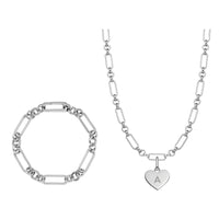 Heart Figaro Chain Necklace & Bracelet Bundle (Silver)