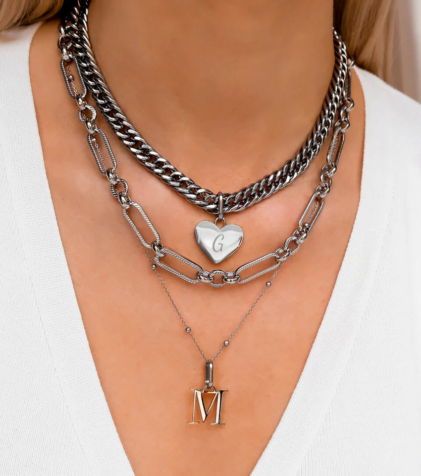 Heart & Letter Multi Chain Layered Set (Silver)