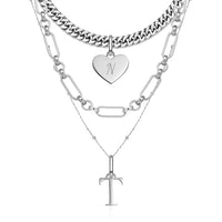 Heart & Letter Multi Chain Layered Set (Silver)