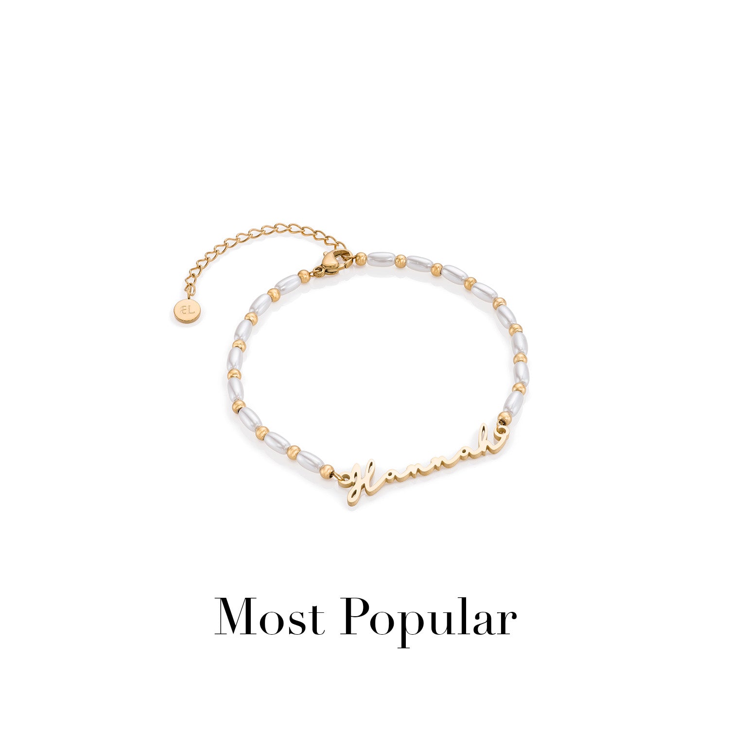 Pearl Chain Signature Name Bracelet - Gold