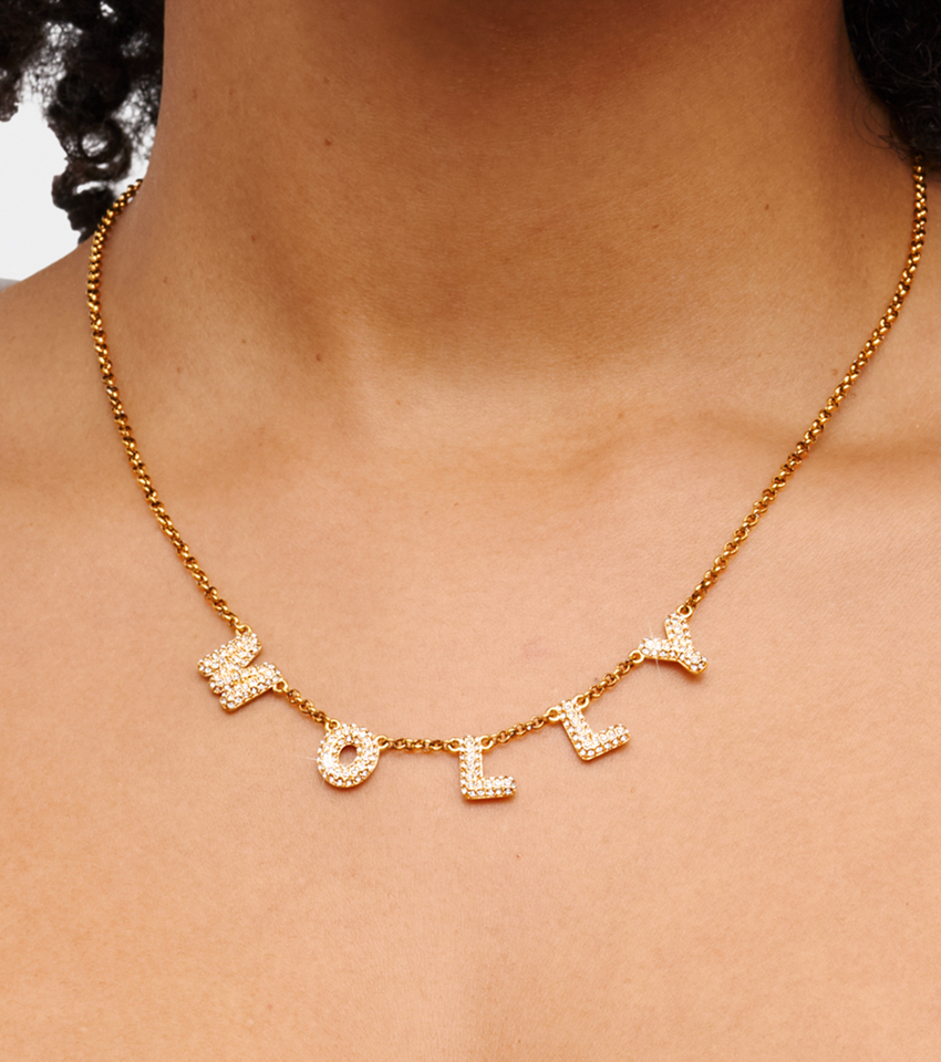 Spotlight Pavé Bubble Name Necklace (Gold)