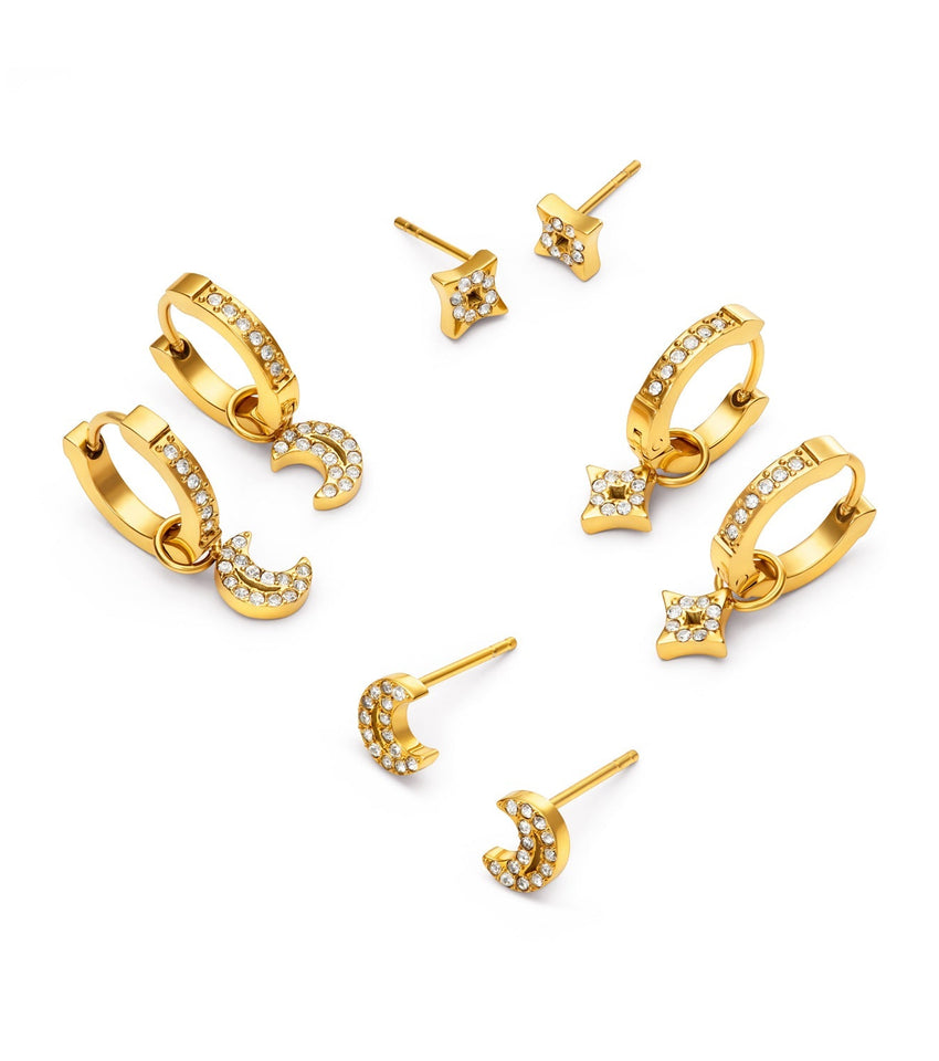 Moon and Back Star Stud Earrings (Gold)